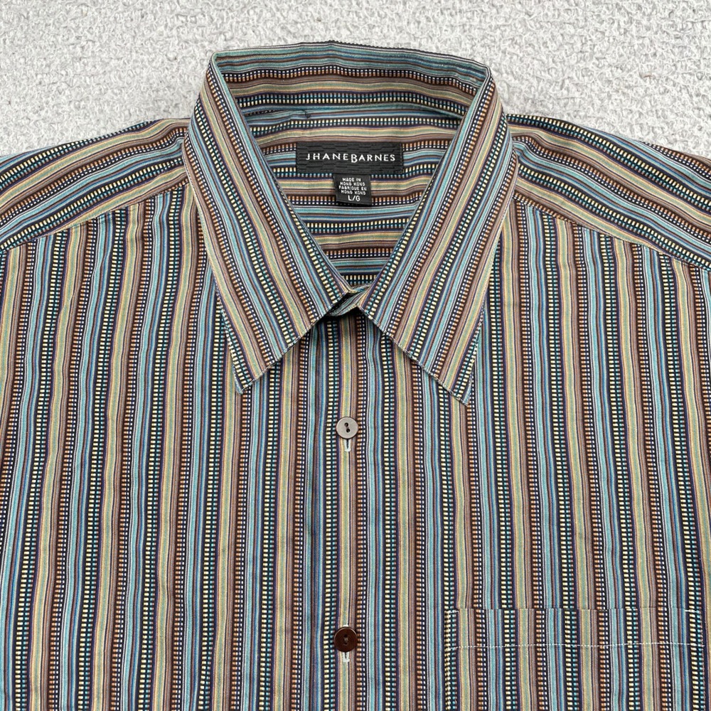 Jhane Barnes Button Front Shirt Mens Large Blue Brown Striped Long Sleeve Cotton